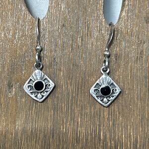 Sterling .925 Earrings 1 1/8” Poma Drop Jewelry Black Round Stone Drop Pierced